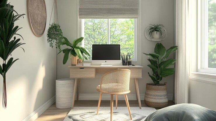 PSD escritório em casa iluminado pelo sol com plantas mesa de madeira e cadeira de tecido