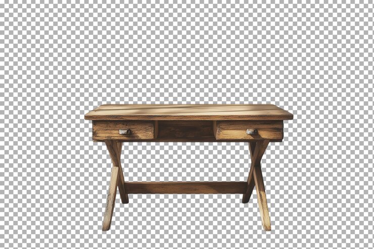 PSD un escritorio de madera rústico con dos cajones en un entorno minimalista para un uso versátil del espacio de trabajo