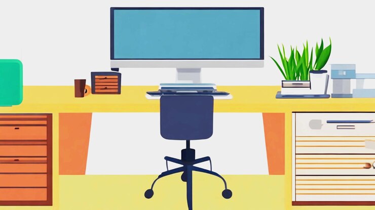 PSD escritorio y mesa de computadora de dibujos animados en 3d aislados sobre un fondo blanco