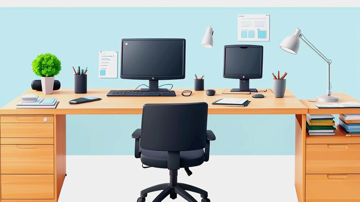 PSD escritorio y mesa de computadora de dibujos animados en 3d aislados sobre un fondo blanco