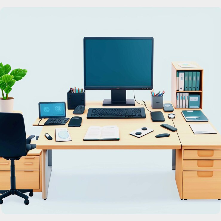 PSD escritorio y mesa de computadora de dibujos animados en 3d aislados sobre un fondo blanco