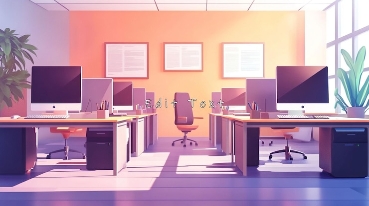 PSD escritório moderno iluminado pelo sol com mesas e computadores vazios