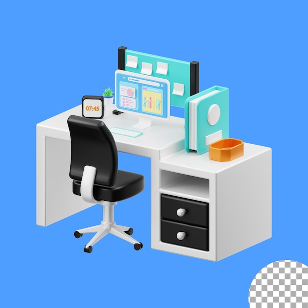 PSD escritorio de oficina 3d ilustración de mesa de computadora 3d