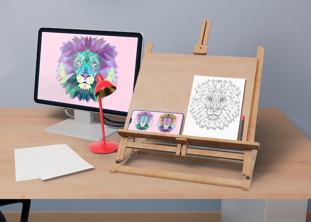 PSD escritorio con soporte de pintura y monitor.