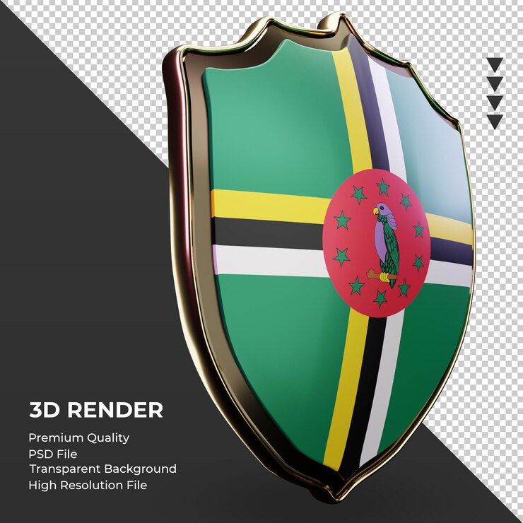 PSD escudo 3d bandera de dominica renderizado vista izquierda