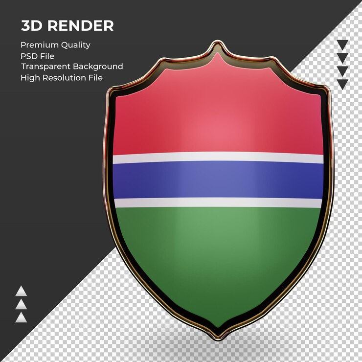 PSD escudo 3d bandera de gambia vista frontal de representación