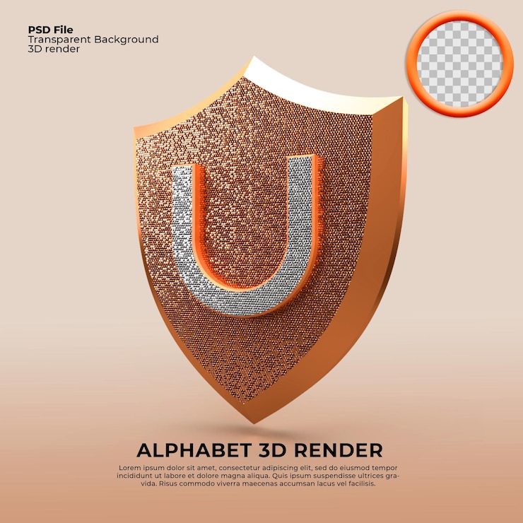 PSD escudo alfabeto fonte u gold 3d logo empresa