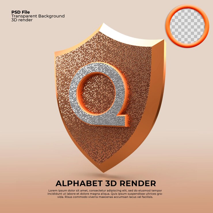 PSD escudo alfabeto q fonte ouro 3d logotipo empresa