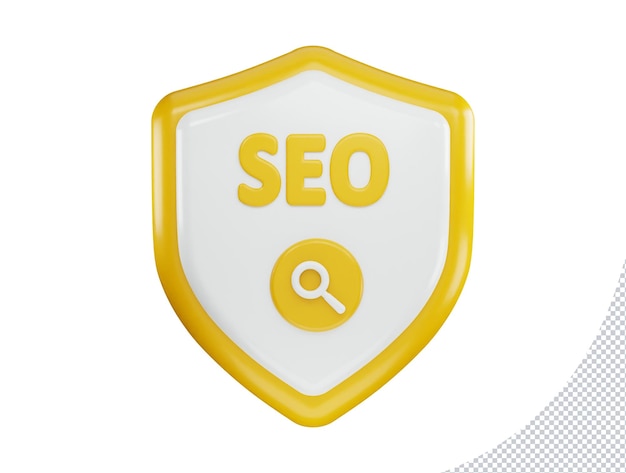 Un escudo amarillo con una lupa en el medio que dice icono de seo con icono de vector 3d