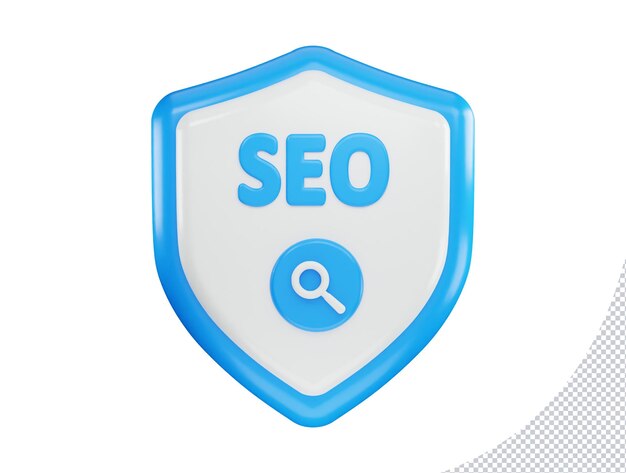 Escudo azul con una lupa y un icono de seo de lupa con ilustración de icono de vector 3d