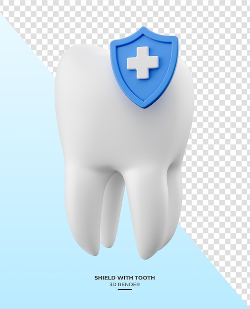 Escudo con diente en renderizado 3d con fondo transparente