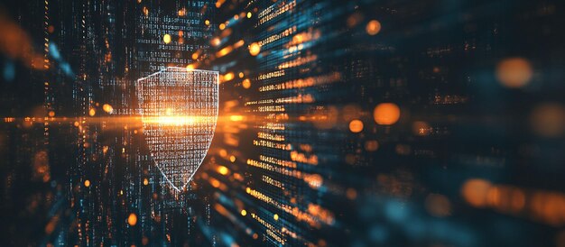 Escudo digital brillando en una corriente de código binario que representa la ciberseguridad