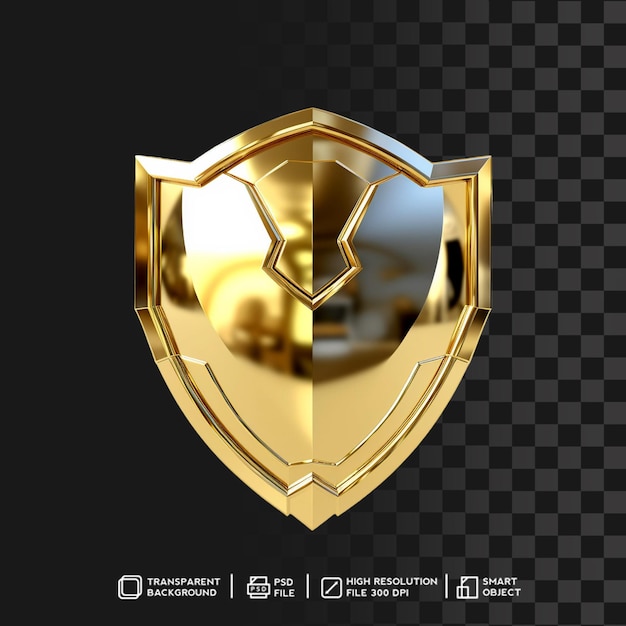 Escudo dorado 3D Render sobre fondo transparente