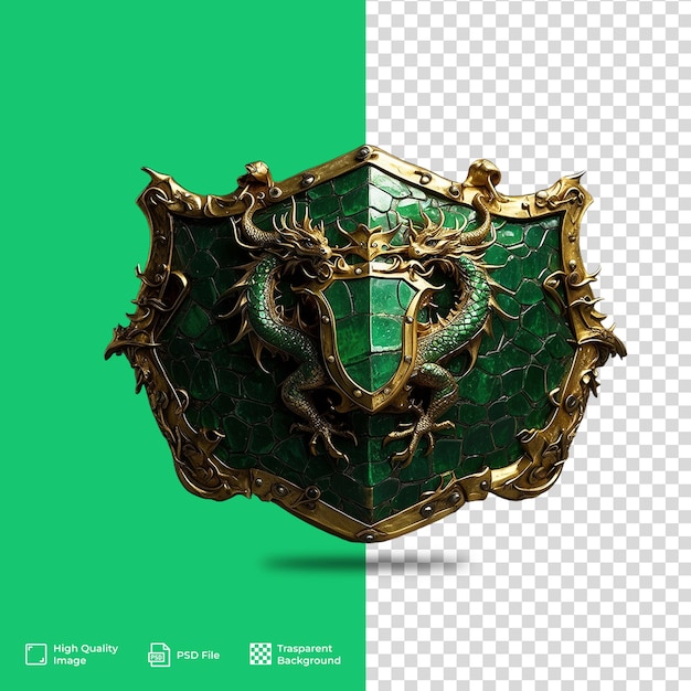 PSD escudo dorado rectangular con esmeraldas verdes y un dragón dorado tallado en él generado por ai.
