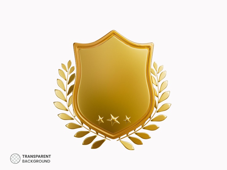 PSD escudo dourado com ícone de louros de ouro 3d render ilustração
