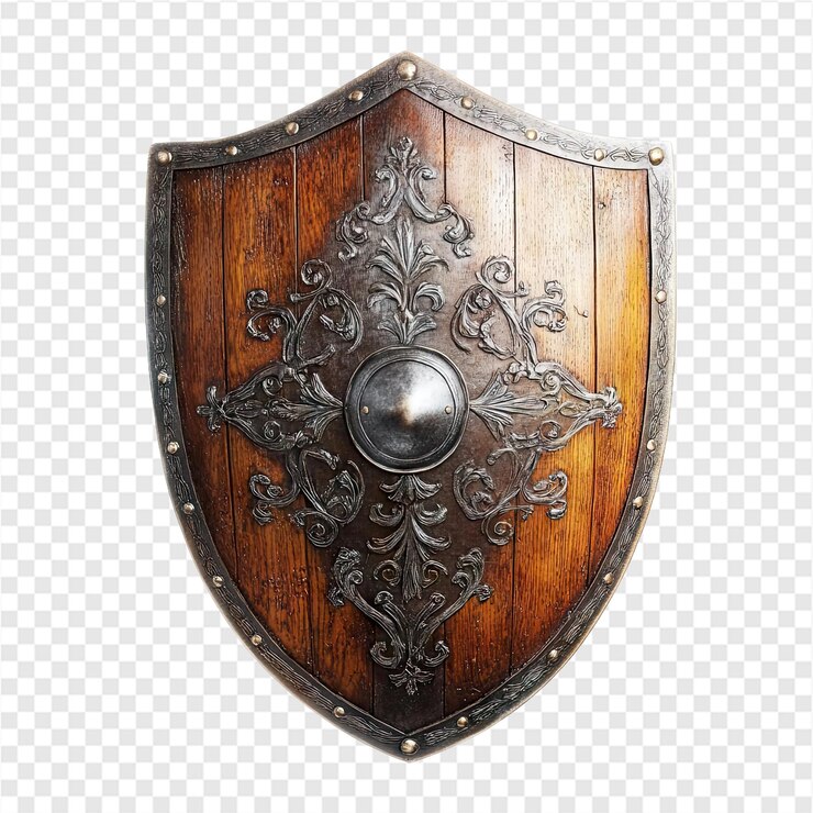 PSD un escudo de madera medieval con intrincados acentos metálicos