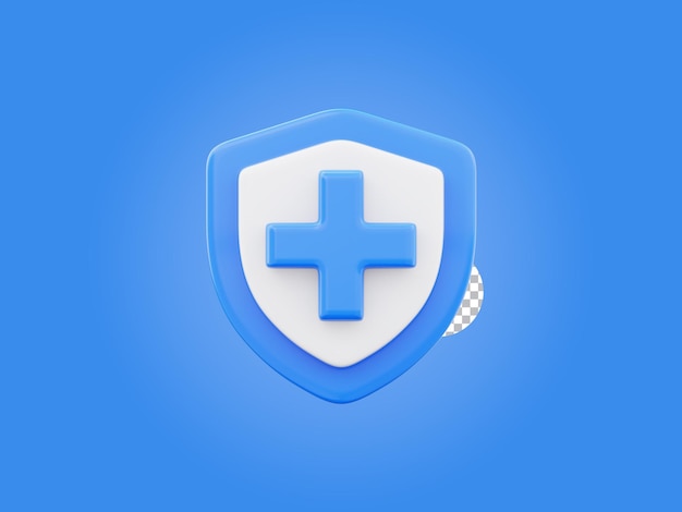 Escudo más icono de señal de cruz Símbolo de primeros auxilios de atención médica Ilustración de renderización 3D