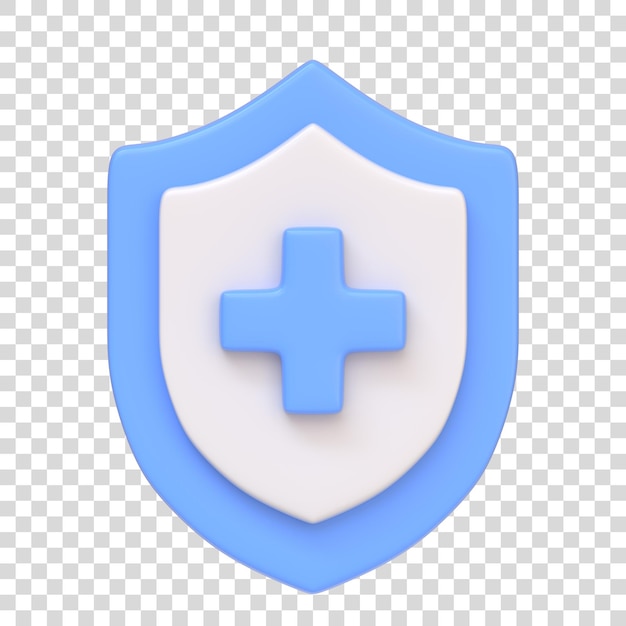Escudo médico azul y blanco con una prominente cruz azul aislada sobre fondo blanco
