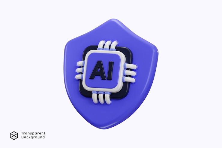 PSD escudo de protección 3d con icono de chip ai para la ilustración de icono de inteligencia artificial protegida