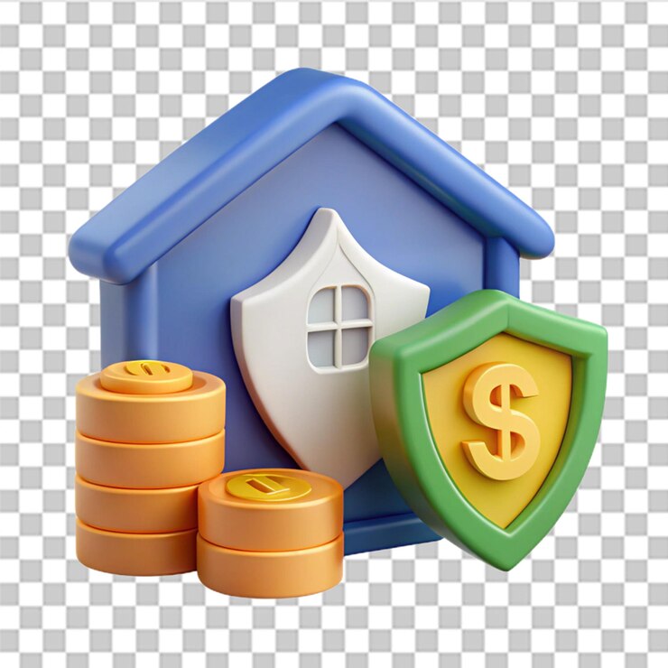 PSD escudo de protección ahorrar dinero en casa pila de monedas concepto de financiación apoyo a la inversión en negocios inmobiliarios con dibujos animados costo mínimo ingresos ganando ilustración de renderización 3d