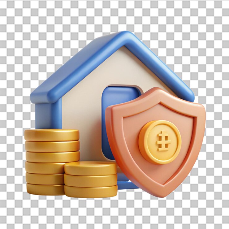 PSD escudo de protección ahorrar dinero en casa pila de monedas concepto de financiación apoyo a la inversión en negocios inmobiliarios con dibujos animados costo mínimo ingresos ganando ilustración de renderización 3d