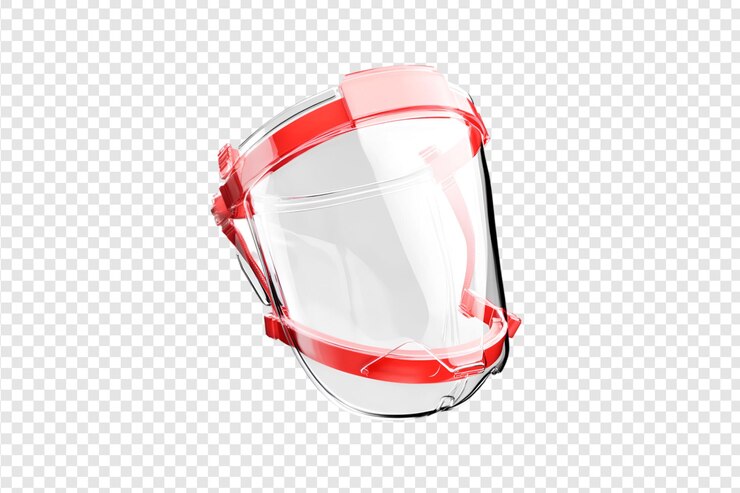 PSD escudo protector facial con correas rojas aisladas sobre un fondo transparente