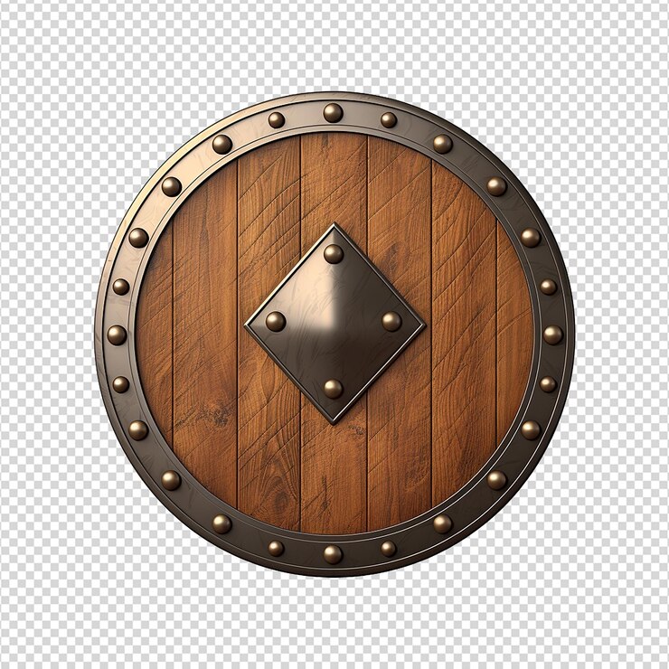 PSD escudo redondo de madera aislado sobre un fondo transparente