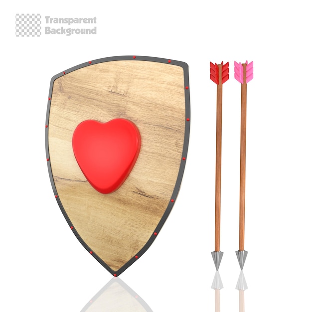 Escudo de representación 3D con corazón y flechas