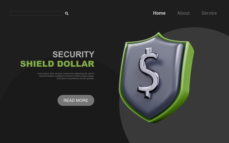 PSD escudo de seguridad signo de dólar sobre fondo oscuro 3d render concepto para protección de dinero en efectivo