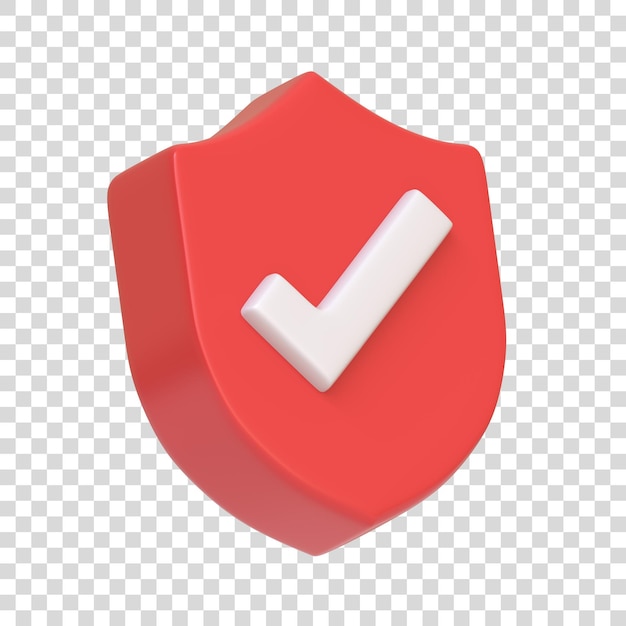 Escudo vermelho com uma marca de verificação em negrito isolada em fundo branco sinal e símbolo de ícone 3D vista lateral