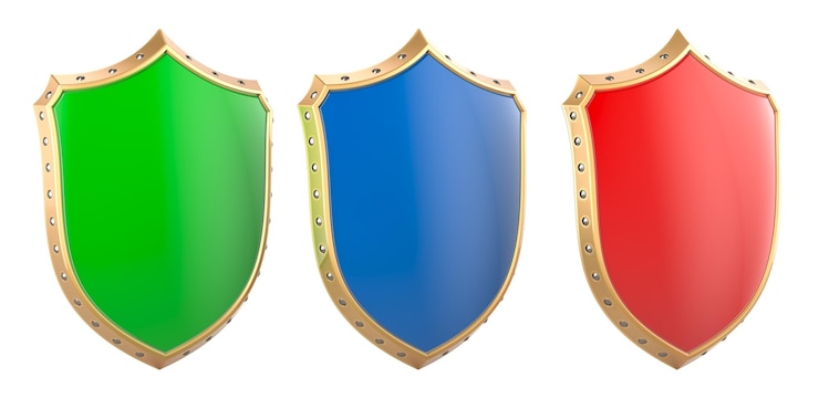 PSD escudos colores azul verde y rojo renderización 3d aislados en fondo transparente