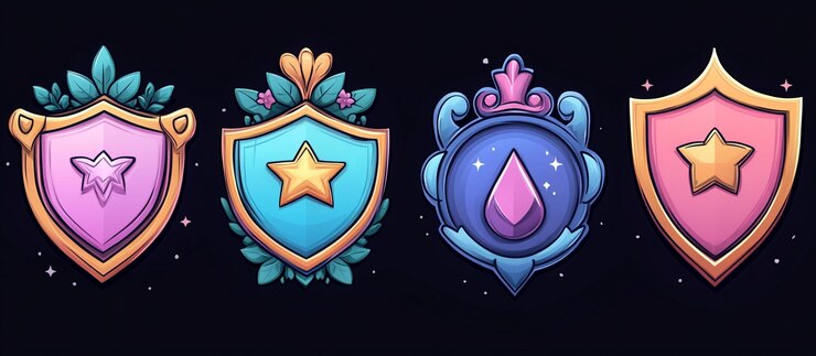 PSD escudos de dibujos animados con estrellas y elementos florales