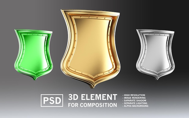 Escudos renderizados en 3D en oro, verde y plata