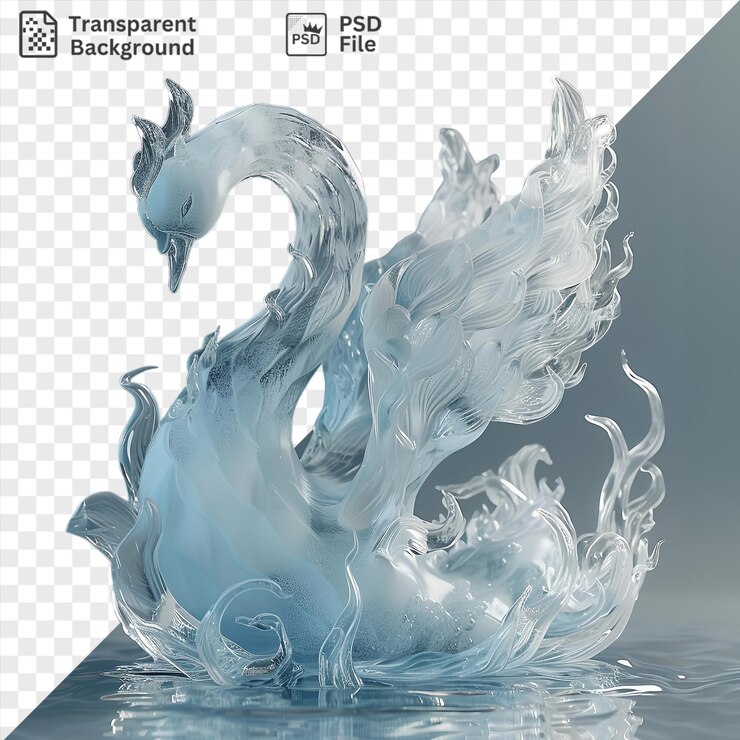 PSD escultor de hielo 3d único haciendo una escultura en forma de cisne en el agua azul tranquila