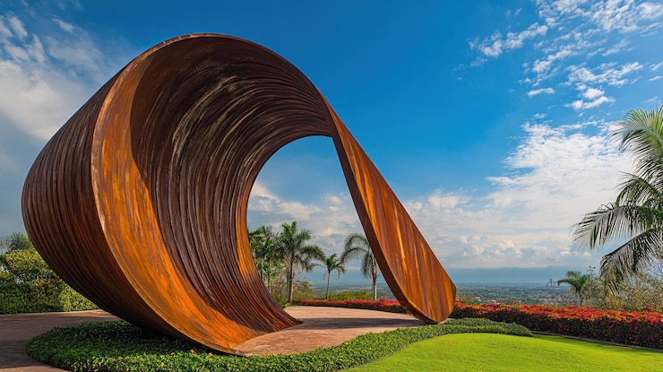 PSD escultura abstracta en medio de un paisaje exuberante y un cielo