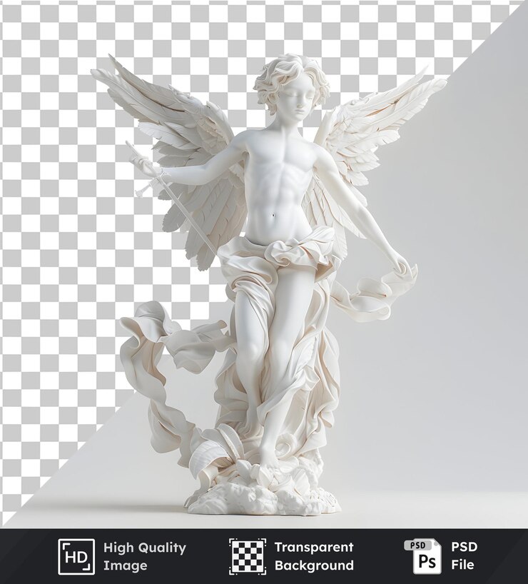 PSD escultura de ángel con alas de espada y drapeado imagen transparente de alta calidad