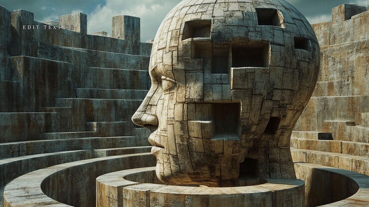 PSD escultura de cabeza de piedra en un laberinto circular