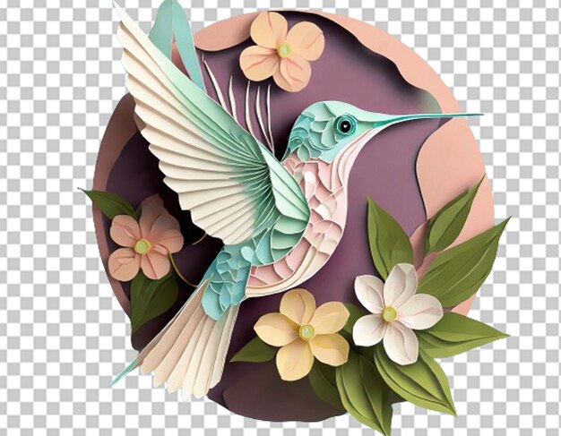 PSD escultura de papel de um beija-flor com flores em cores pastel