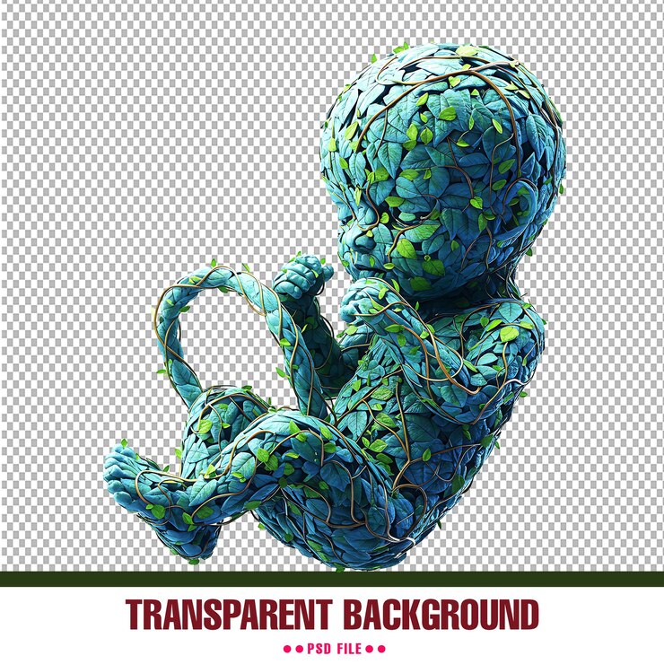 PSD escultura fetal con patrón de naturaleza vascular en un fondo transparente concepto artístico