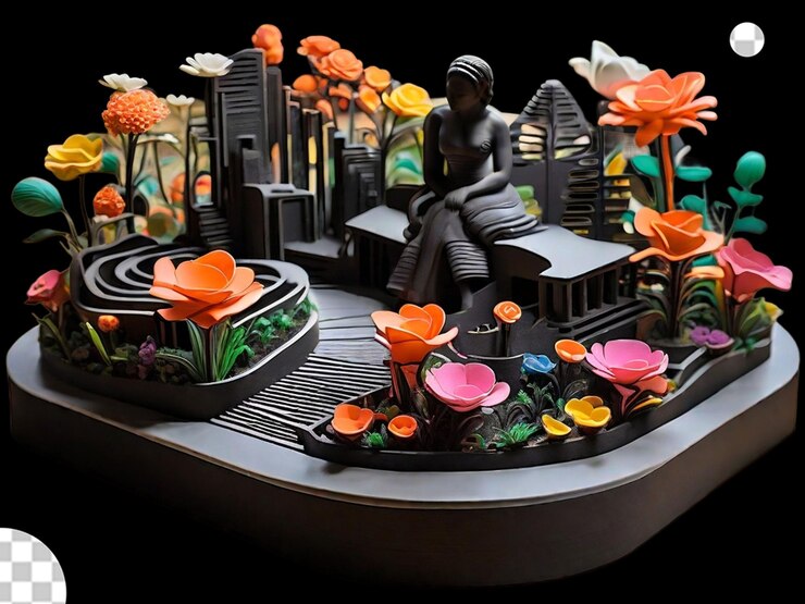 PSD una escultura impresa en 3d de un jardín con flores que representan diferentes aspectos de la historia negra, como los derechos civiles, el arte, la ciencia y la música, para resaltar las diversas contribuciones a la sociedad.