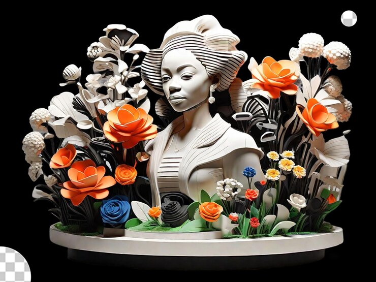 PSD una escultura impresa en 3d de un jardín con flores que representan diferentes aspectos de la historia negra, como los derechos civiles, el arte, la ciencia y la música, para resaltar las diversas contribuciones a la sociedad.