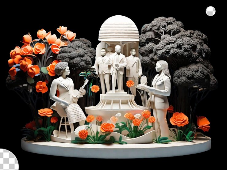 PSD una escultura impresa en 3d de un jardín con flores que representan diferentes aspectos de la historia negra, como los derechos civiles, el arte, la ciencia y la música, para resaltar las diversas contribuciones a la sociedad.