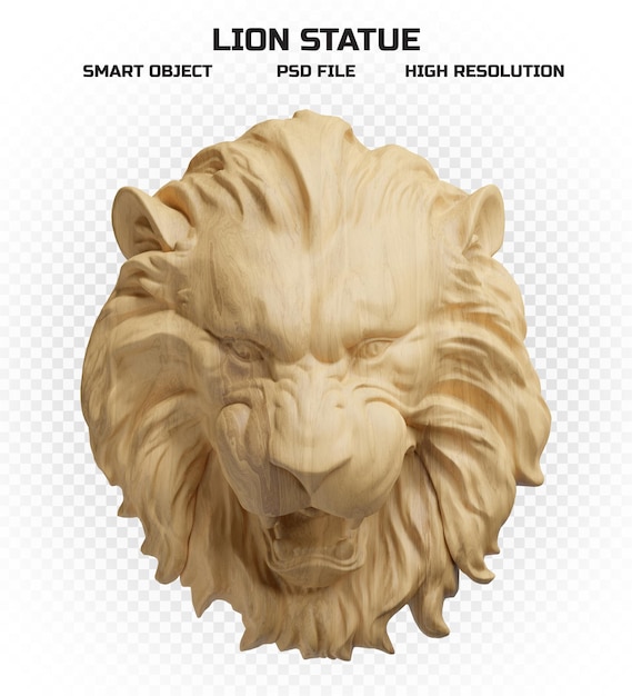 PSD escultura mate realista de cabeza de león de madera en alta resolución.