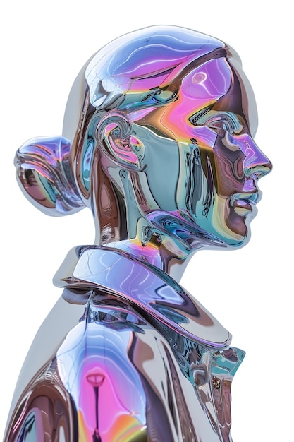 Escultura metálica holográfica de una mujer con apariencia líquida AI generativa