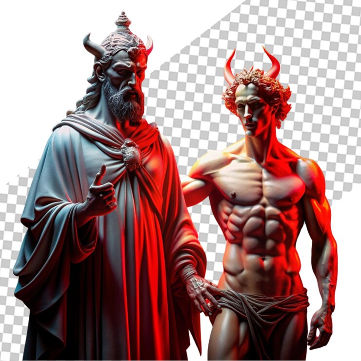 PSD escultura o estatua de david con expresión enojada o molesta sobre fondo rojo.