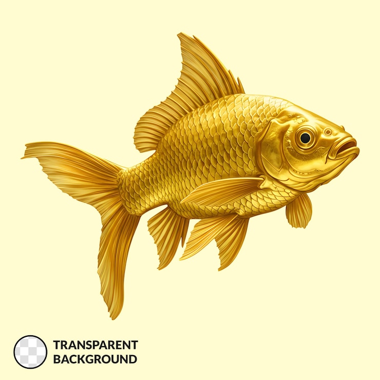 PSD escultura de pez dorado sobre un fondo transparente