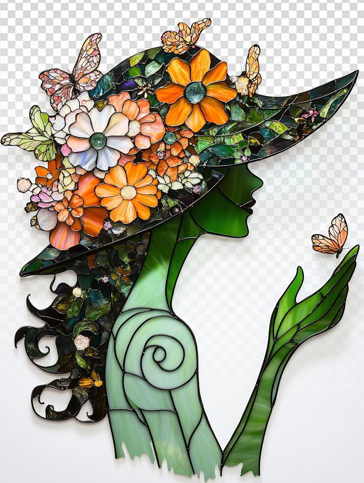 PSD escultura vibrante de vidro colorido de mulher com chapéu