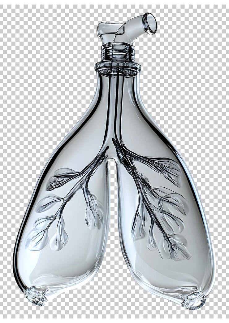 PSD escultura de vidrio de pulmones con detalles intrincados en ramas aisladas sobre un fondo transparente