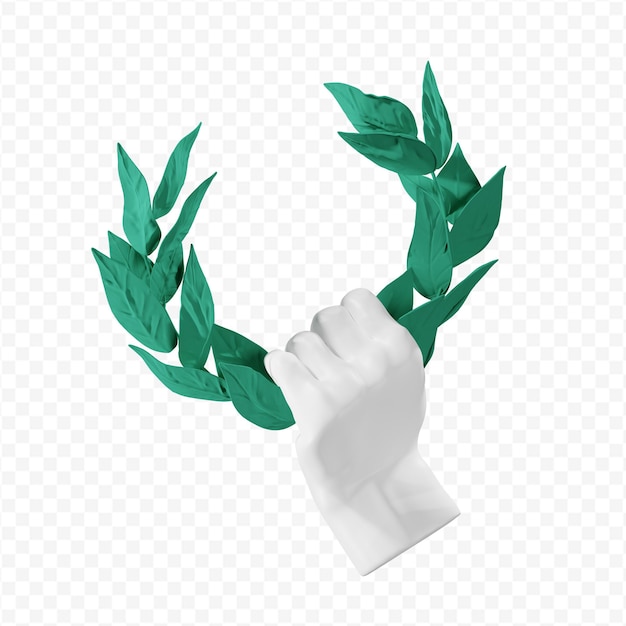 Escultura de yeso 3d de una mano sostiene una corona de laurel renderizado 3d aislado
