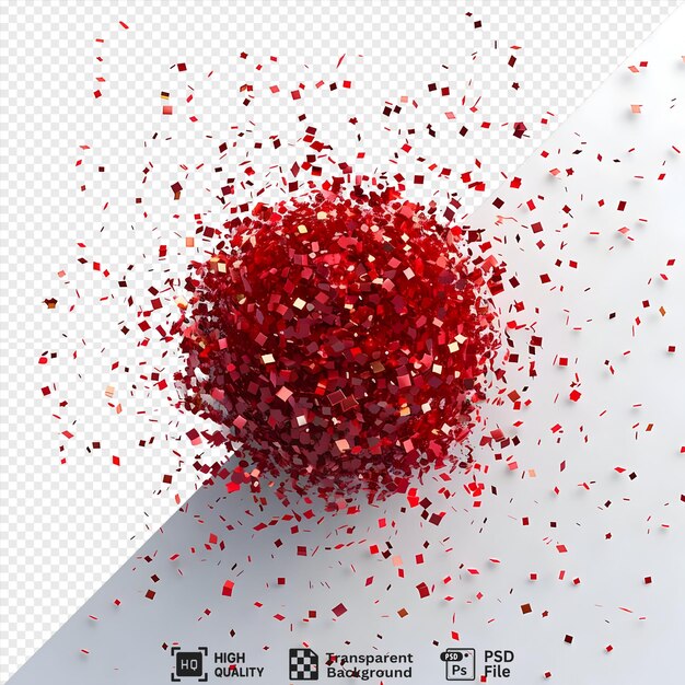 Esfera 3D abstracta hecha de cuadrados rojos que explotan hacia afuera con partículas aisladas en un fondo transparente